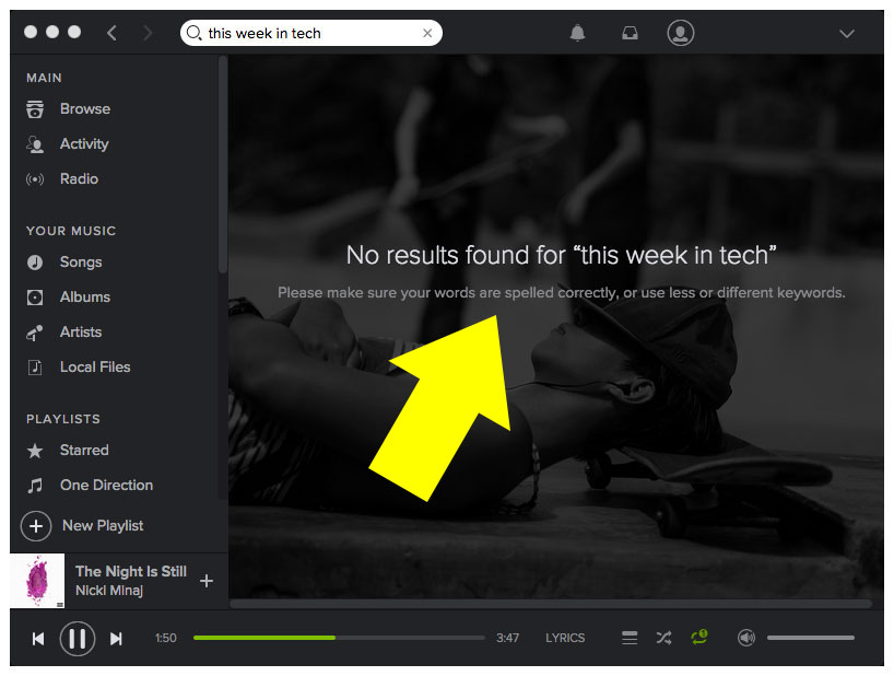 A search for "This Week in Tech" reveals nothing on the music-streaming service Spotify.